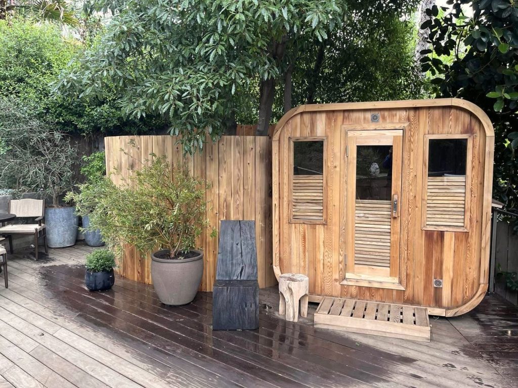 Barrel sauna on a garden deck in wine country